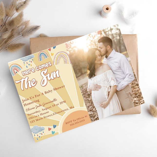 Here Comes The Sun Baby Shower Rainbow Photo Invitation (Creator Uploaded)