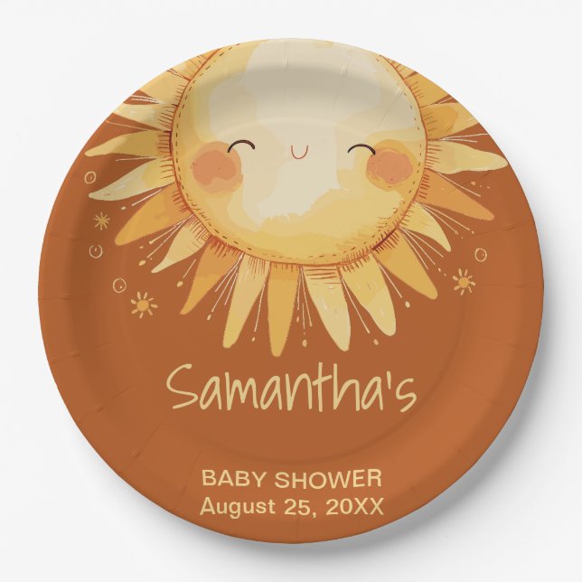 Here comes the Sun boho baby shower Enclosure Card Paper Plate (Front)