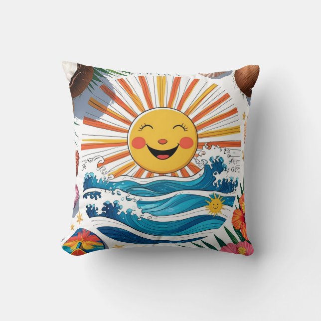 Here Comes the Sun – Boho Beach Vibes Throw Pillow (Front)