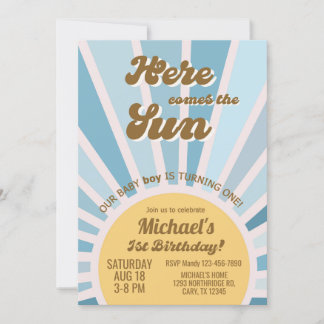 Here comes the Sun boy 1st birthday invitation. Invitation