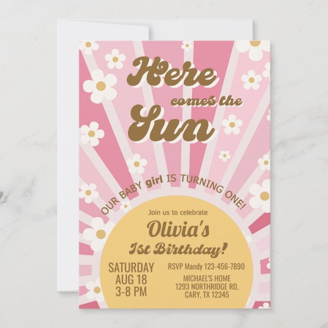 Here comes the Sun girl 1st birthday invitation. Invitation (Front)