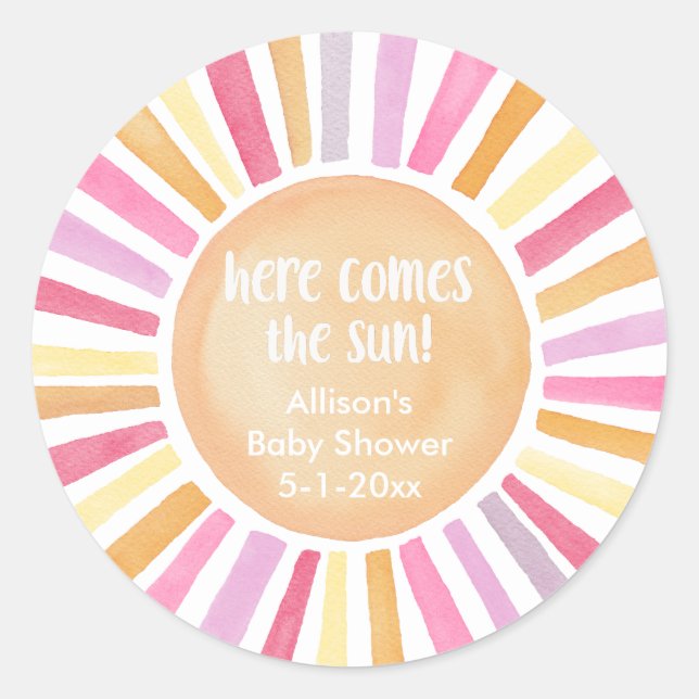 Here comes the sun girl baby shower sunshine classic round sticker (Front)