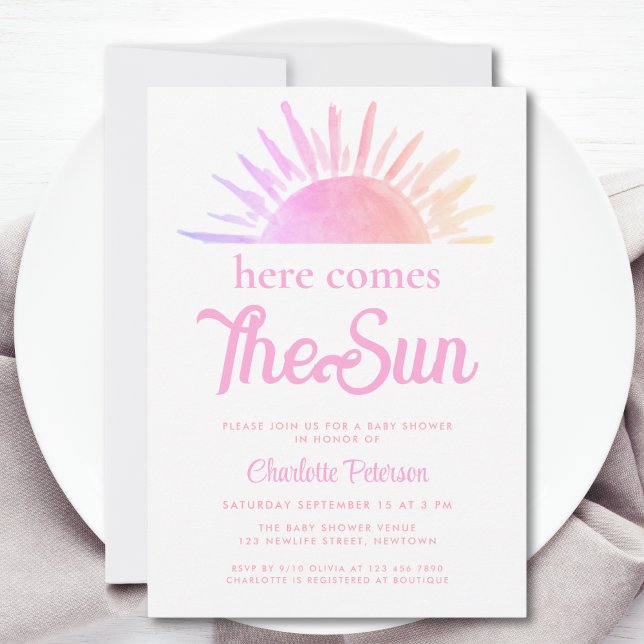 Here Comes The Sun Pink Baby Shower Invitation (Creator Uploaded)
