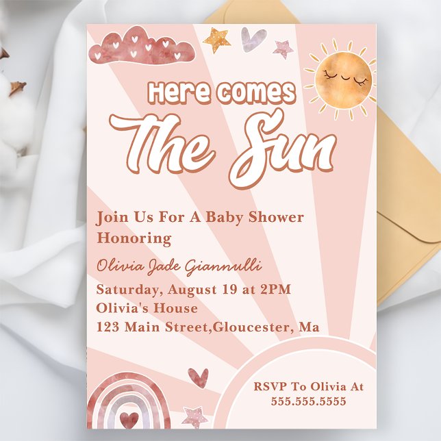 Here Comes The Sun Pink Rainbow Baby Shower Invitation (Creator Uploaded)