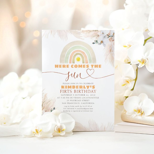 Here Comes The Sun Rainbow 1st Birthday Invitation (Here Comes The Sun Birthday Invitations)