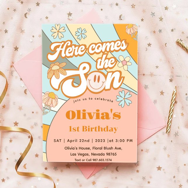 Here Comes The Sun Rainbow 1st Birthday Invitation (Creator Uploaded)