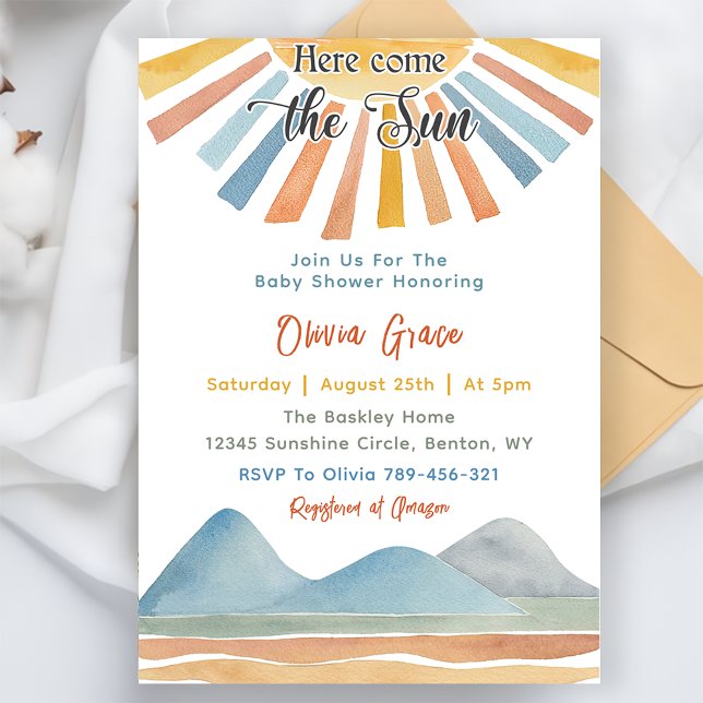 Here Comes The Sun Retro Rainbow Baby Shower Invitation (Creator Uploaded)