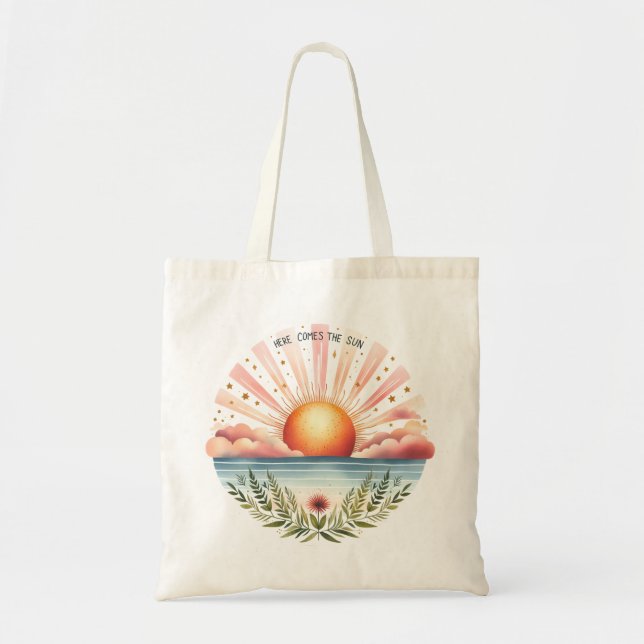 "Here Comes The Sun" Rising Sun Over Water Tote Bag (Front)