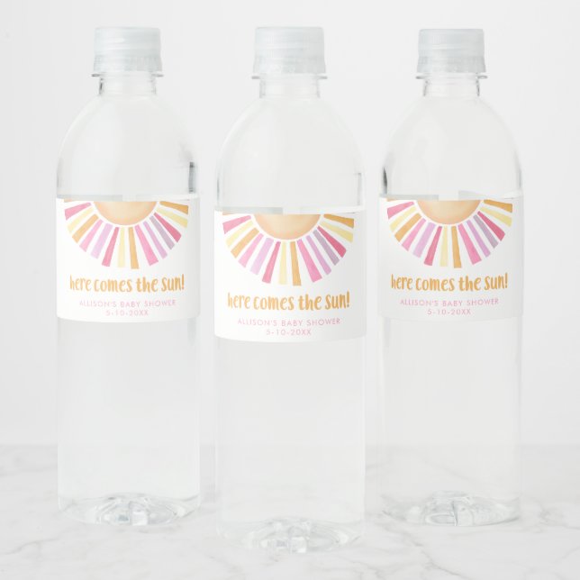 Here comes the sun sunshine girl baby shower water bottle label (Bottles)