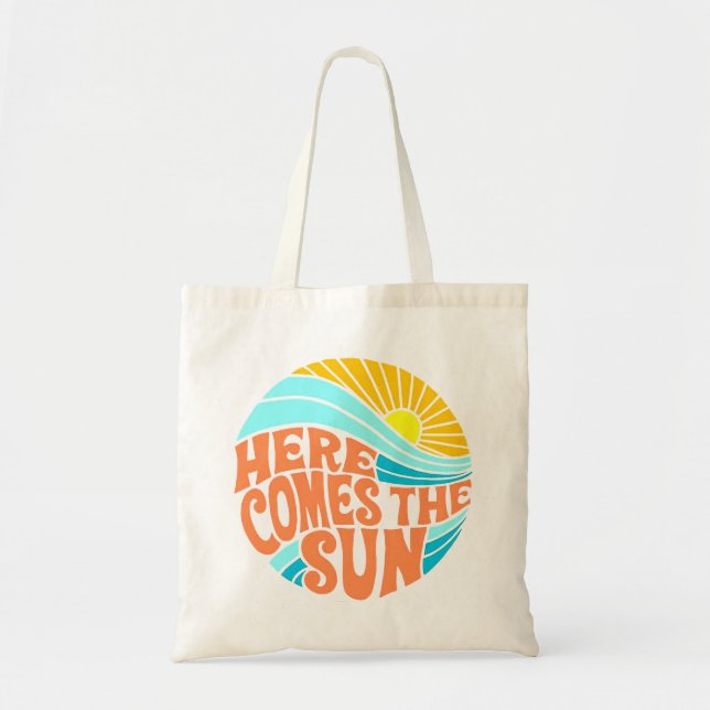Here Comes the Sun Tee, Retro Style, Hippie Style Tote Bag (Front)