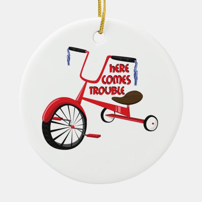 Here Comes Trouble Ceramic Tree Decoration (Front)
