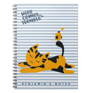 Here comes trouble! Cute Cat - Blue Striped Kids' Notebook
