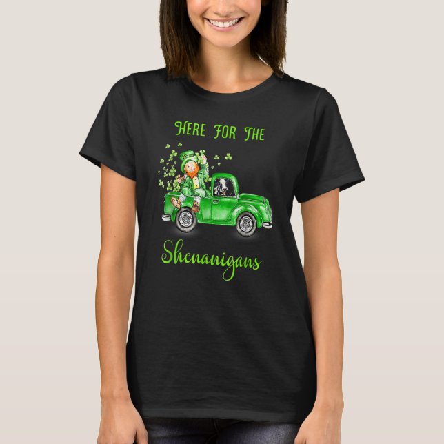 Here For The Shenanigans Leprechaun Cow St Patrick T-Shirt (Front)