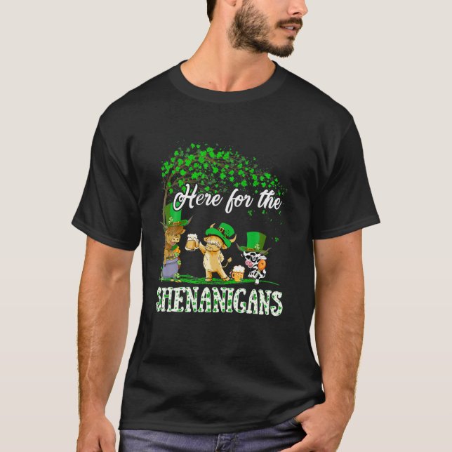 Here For The Shenanigans Leprechaun Cow St Patrick T-Shirt (Front)
