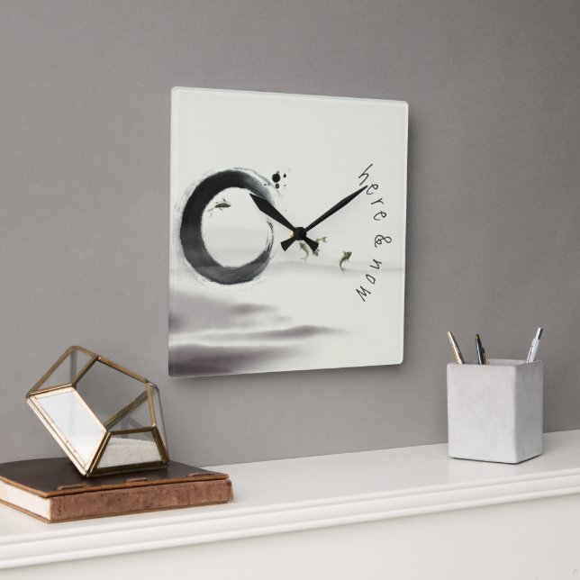 Here & Now / Zen Circle Enso Koi Brush Painting Square Wall Clock (Office)