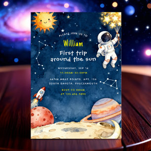 Here Space First Trip Around The Sun 1st Birthday Invitation