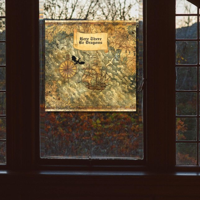 Here There Be Dragons Vintage Map   (Here There Be Dragons Window Cling in Bedroom)