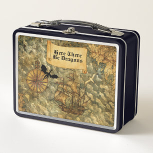Here There Be Dragons Vintage-Style Nautical Map Metal Lunch Box