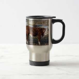 Hereford calves in winter meadow with snow travel mug