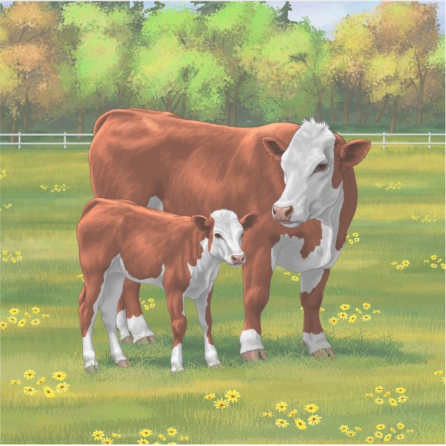 Hereford Cow & Cute Calf in Summer Pasture (Front)