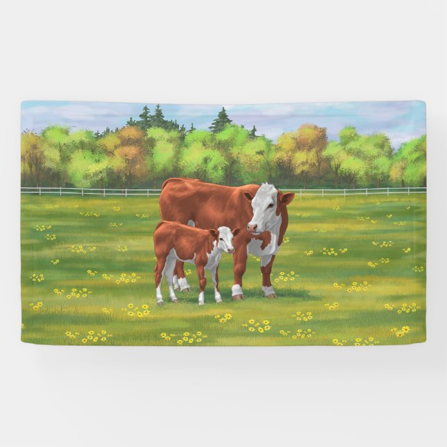 Hereford Cow & Cute Calf in Summer Pasture Banner (Horizontal)
