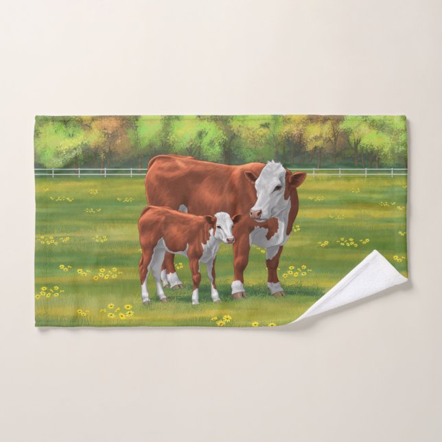 Hereford Cow & Cute Calf in Summer Pasture Bath Towel Set (Hand Towel)