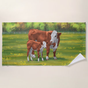 Hereford Cow & Cute Calf in Summer Pasture Beach Towel