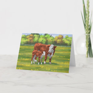 Hereford Cow & Cute Calf in Summer Pasture Card