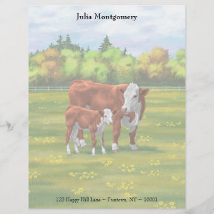 Hereford Cow & Cute Calf in Summer Pasture Custom Letterhead