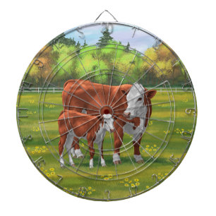 Hereford Cow & Cute Calf in Summer Pasture Dartboard