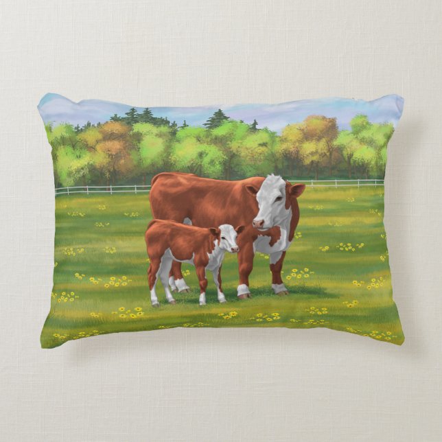 Hereford Cow & Cute Calf in Summer Pasture Decorative Cushion (Front)