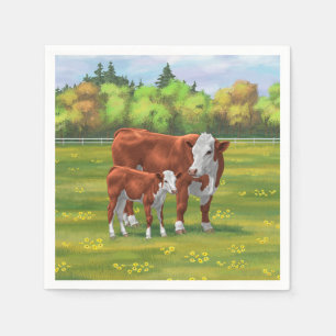 Hereford Cow & Cute Calf in Summer Pasture Napkin
