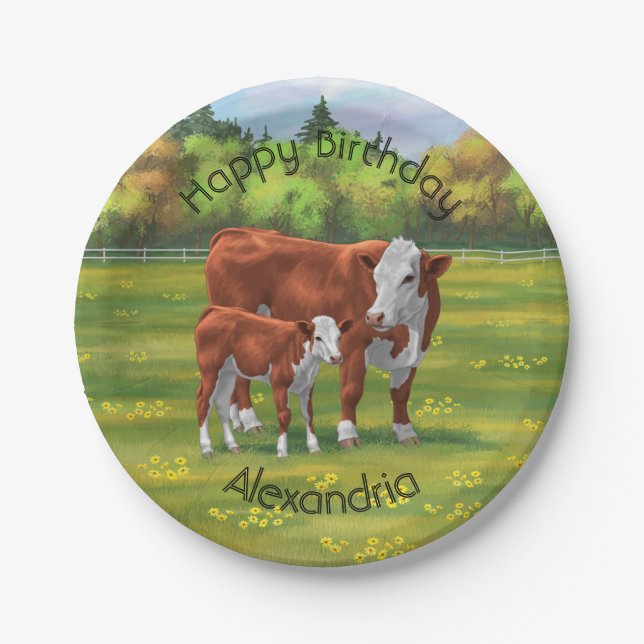Hereford Cow & Cute Calf in Summer Pasture Paper Plate (Front)