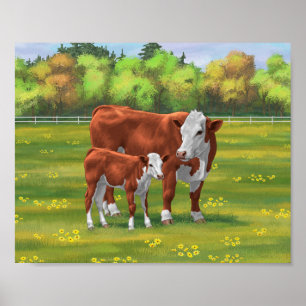 Hereford Cow & Cute Calf in Summer Pasture Poster