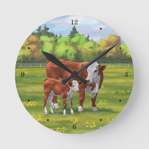 Hereford Cow & Cute Calf in Summer Pasture Round Clock