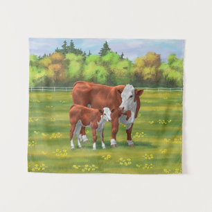 Hereford Cow & Cute Calf in Summer Pasture Tapestry