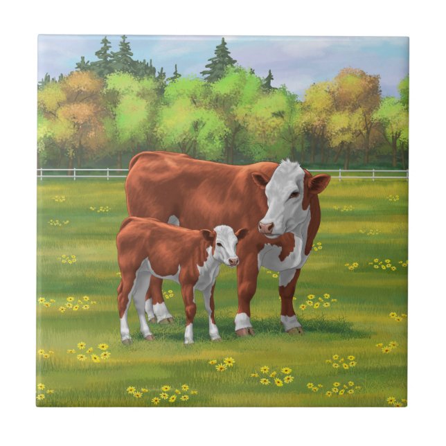 Hereford Cow & Cute Calf in Summer Pasture Tile (Front)