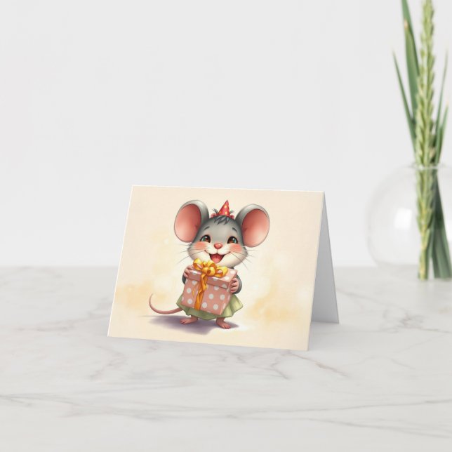 Here's a Gift Birthday Mouse Holiday Card (Front)