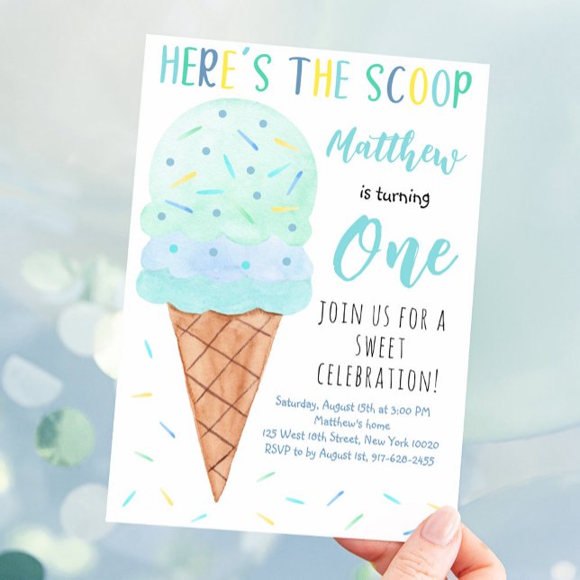 Here's The Scoop Blue Boy Ice Cream Birthday Invitation (Creator Uploaded)