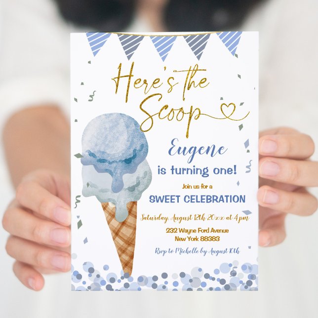 Here's The Scoop Blue Ice Cream Boy's 1st Birthday Invitation (Creator Uploaded)