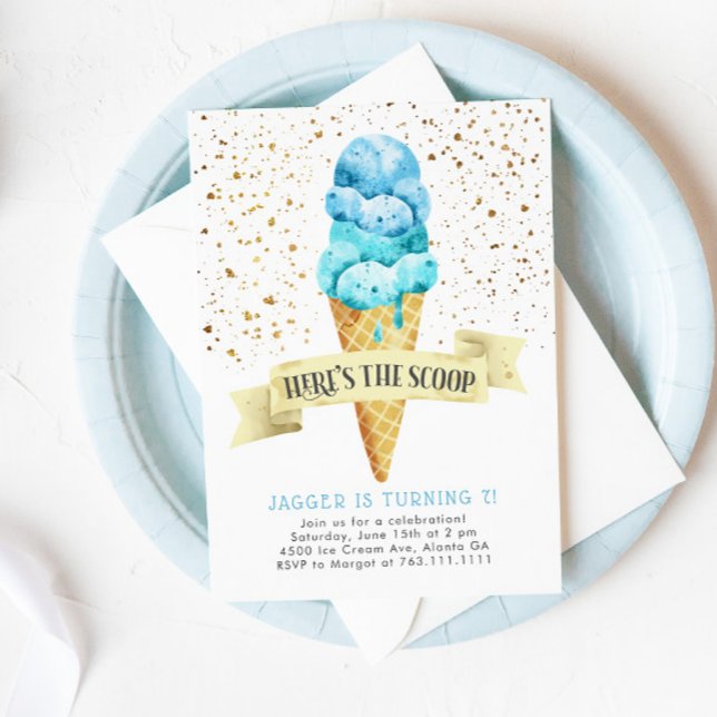 Here's the Scoop Boy Ice Cream Birthday Party Invitation (Creator Uploaded)