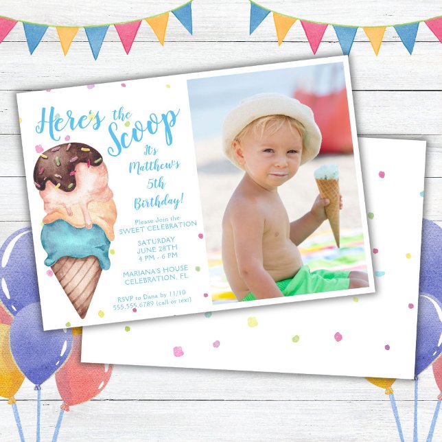 Here's the Scoop Boys Ice Cream Photo Birthday Invitation (Creator Uploaded)