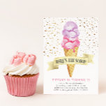 Here's the Scoop Girl Ice Cream Birthday Party Invitation<br><div class="desc">Cute ice cream theme kid's birthday party invitation card featuring watercolor illustration of a waffle cone with purple and pink ice cream. There are faux gold sprinkles around. The text in the banner says "here's the scoop." Perfect for a girl's birthday in the summer.</div>