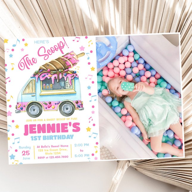 Here's the Scoop Girls Ice Cream 1st Birthday Invitation (Creator Uploaded)