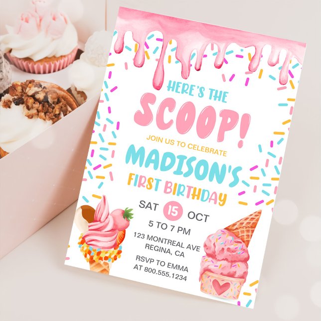 Here's the Scoop Girls Ice Cream 1st Birthday Invitation (Creator Uploaded)
