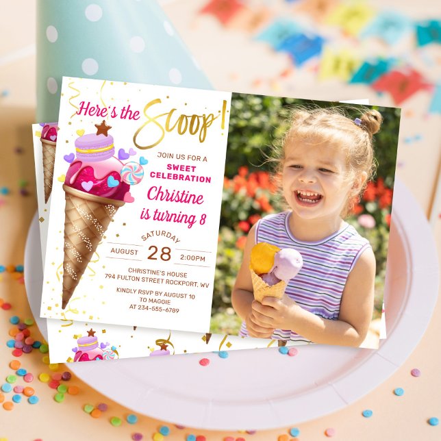 Here's The Scoop Girls Ice Cream Birthday Photo Invitation (Creator Uploaded)