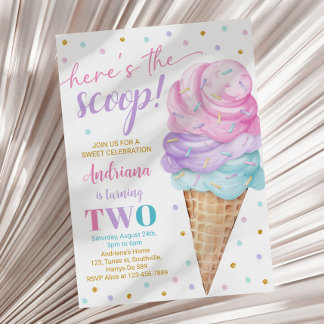 Here's the Scoop Girls Ice Cream Second Birthday Invitation