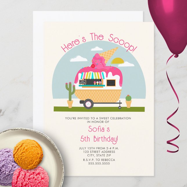 Here's The Scoop Hot Pink Ice Cream Truck Birthday Invitation (Creator Uploaded)