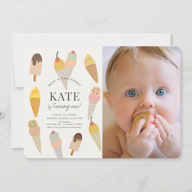 Here's the Scoop Ice Cream 1st Birthday Photo Invitation (Front)