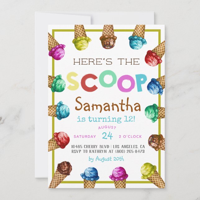 Here's the Scoop Ice Cream Birthday Invitation (Front)
